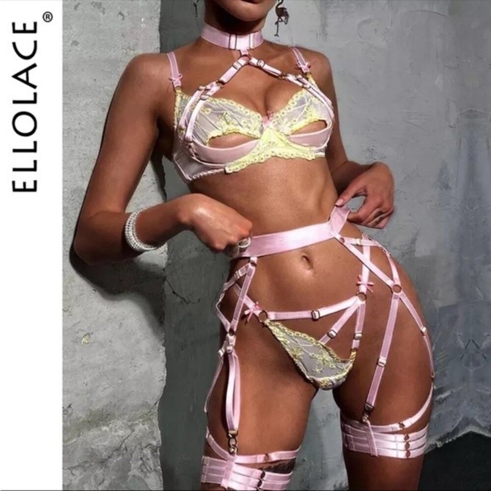 Sexy feminine pastel lingerie set bra panties garters satin lace stripper hot